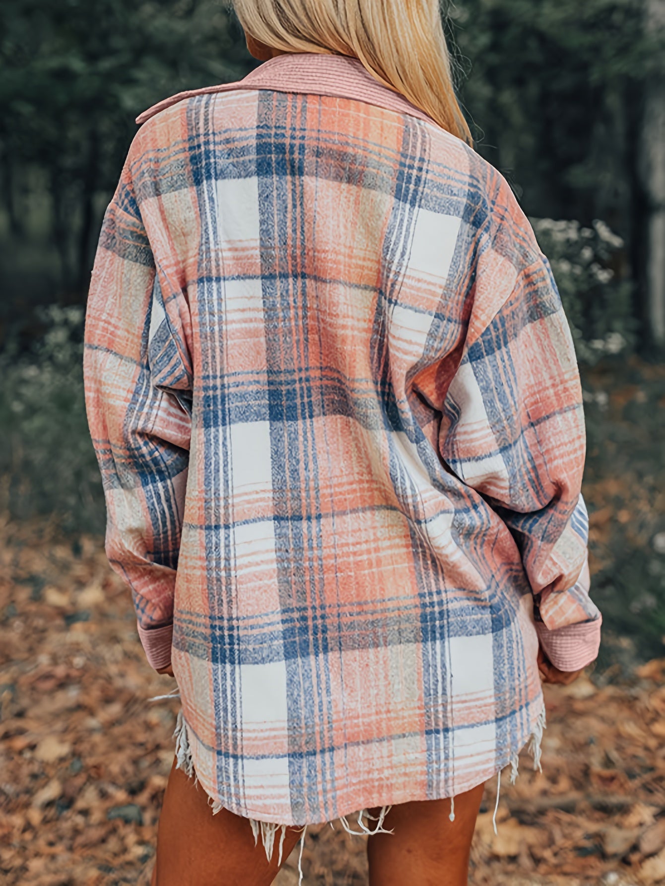 Plaid Print Drop Shoulder Jacket, Casual Lapel Neck Long Sleeve Button Front Jacket For Fall & Spring, Women's Clothing