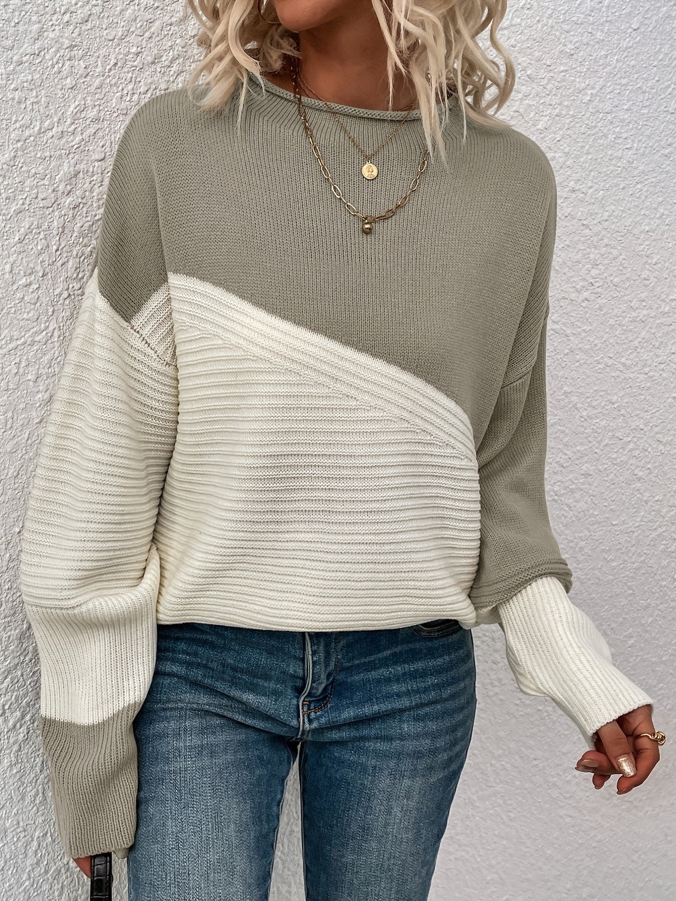 Womens Elegant Color Block Funnel Neck Pullover Sweater - Soft High Elasticity Acrylic Knit Fabric, Long Sleeve Drop Shoulder Design, Easy Care Hand Wash or Dry Clean, Perfect for Fall and Winter - Classic Style for Casual Daily Wear