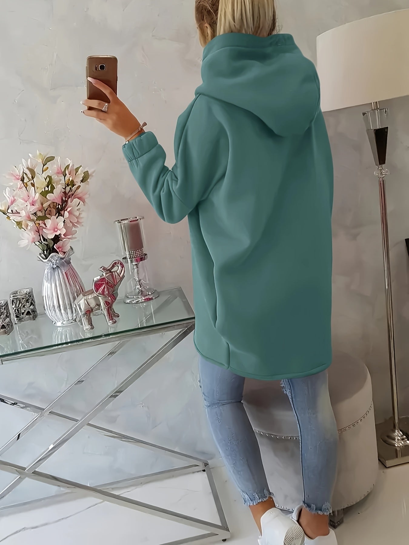 Women'S Casual Black Hooded Jacket with Front Pockets - Long Sleeve, Ripped Jeans & White Sneakers, Perfect for Spring/Fall, Autumn Fashion Jacket | Relaxed Fit Hoodie | Zippered Hoodie