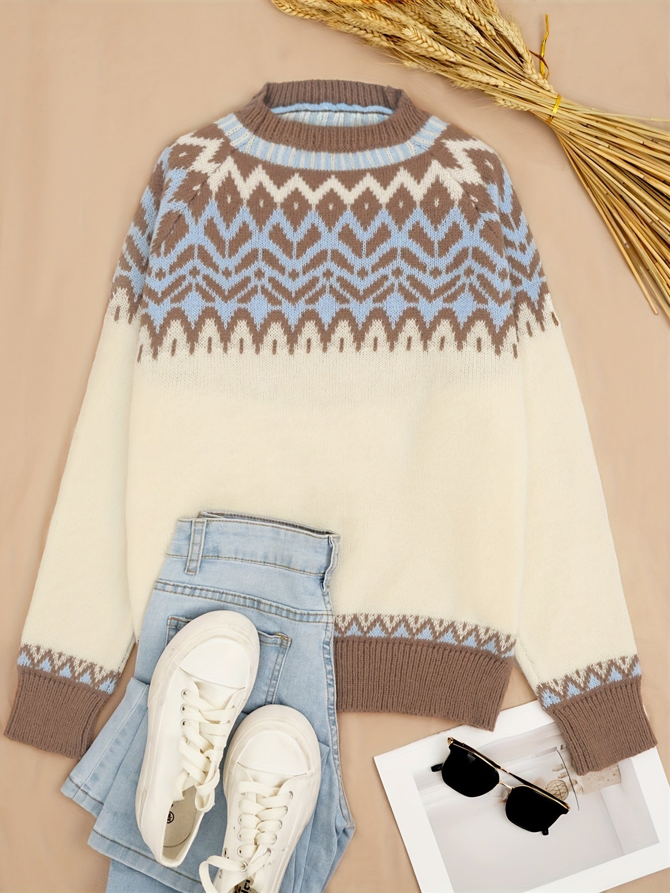 2025 New Women'S Autumn And Winter Casual Fashion Commuting Outdoor Ribbed Round Neck Color-Blocked Patterned Pullover