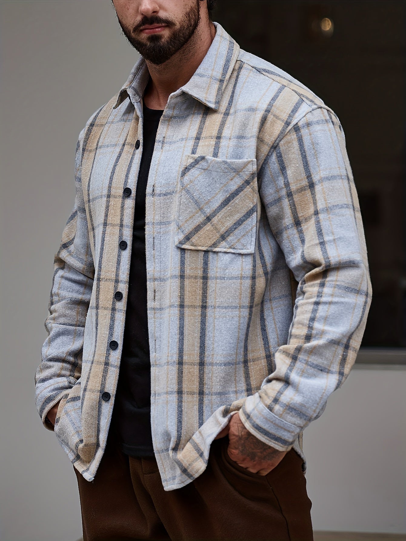 Men's Casual Flannel Shirt Coat - Solid Color Lapel Button-Up with Chest Pocket, Machine Washable Non-Stretch Fabric, Regular Fit Autumn Winter Outerwear, Autumn Apparel, Flannel, Long Sleeve Button Casual Shirt