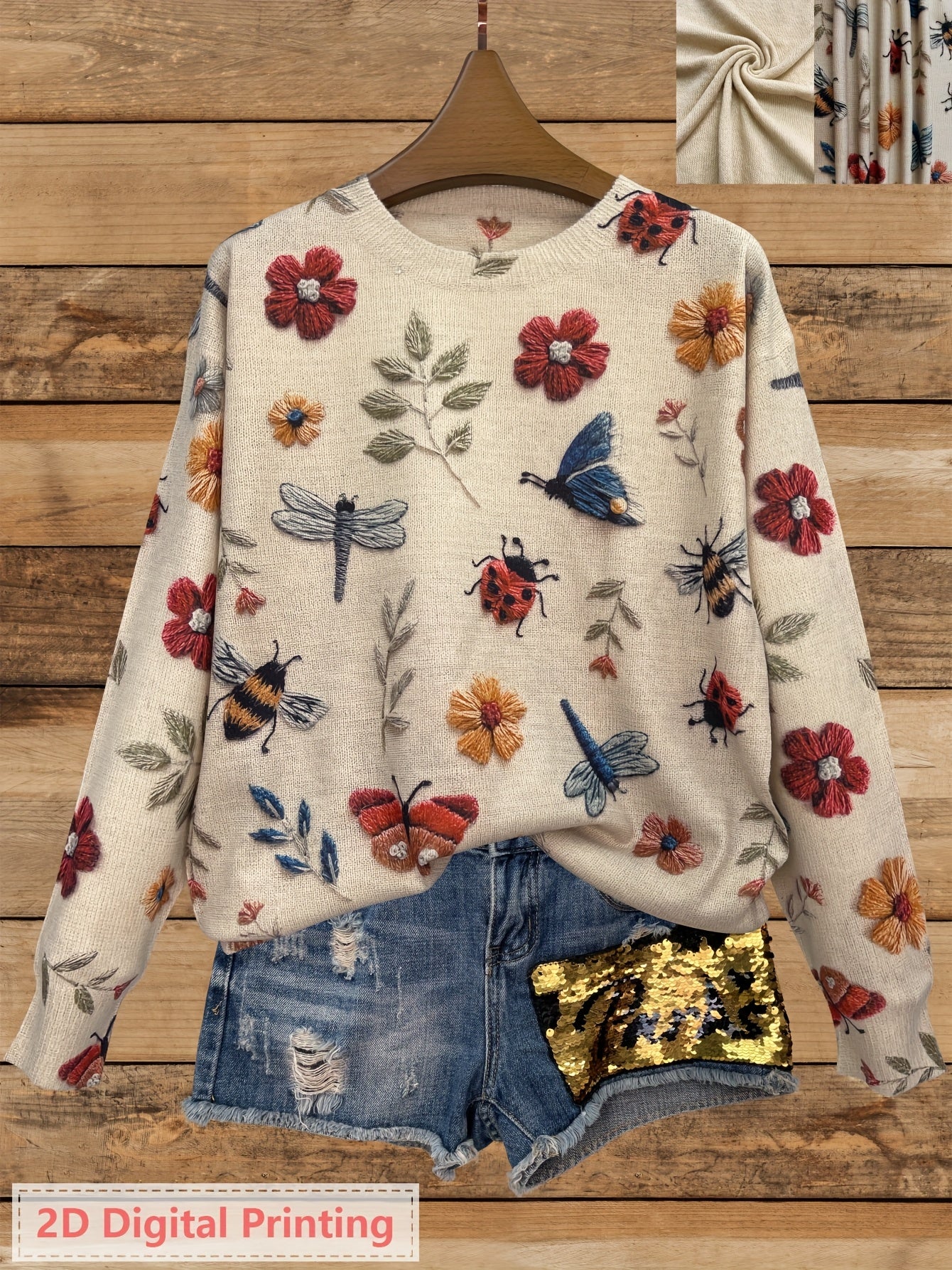 Women'S Lightweight Sweater - 2D Digital Printing-All-Over Floral & Insect Print in Beige/Red/Blue/Black/White/Gray/ - Soft Everyday Pullover for Fall/Winter - Casual Chic Sweater for Everyday & Formal Outfits - Women'S Sweater, Ladies Sweaters,