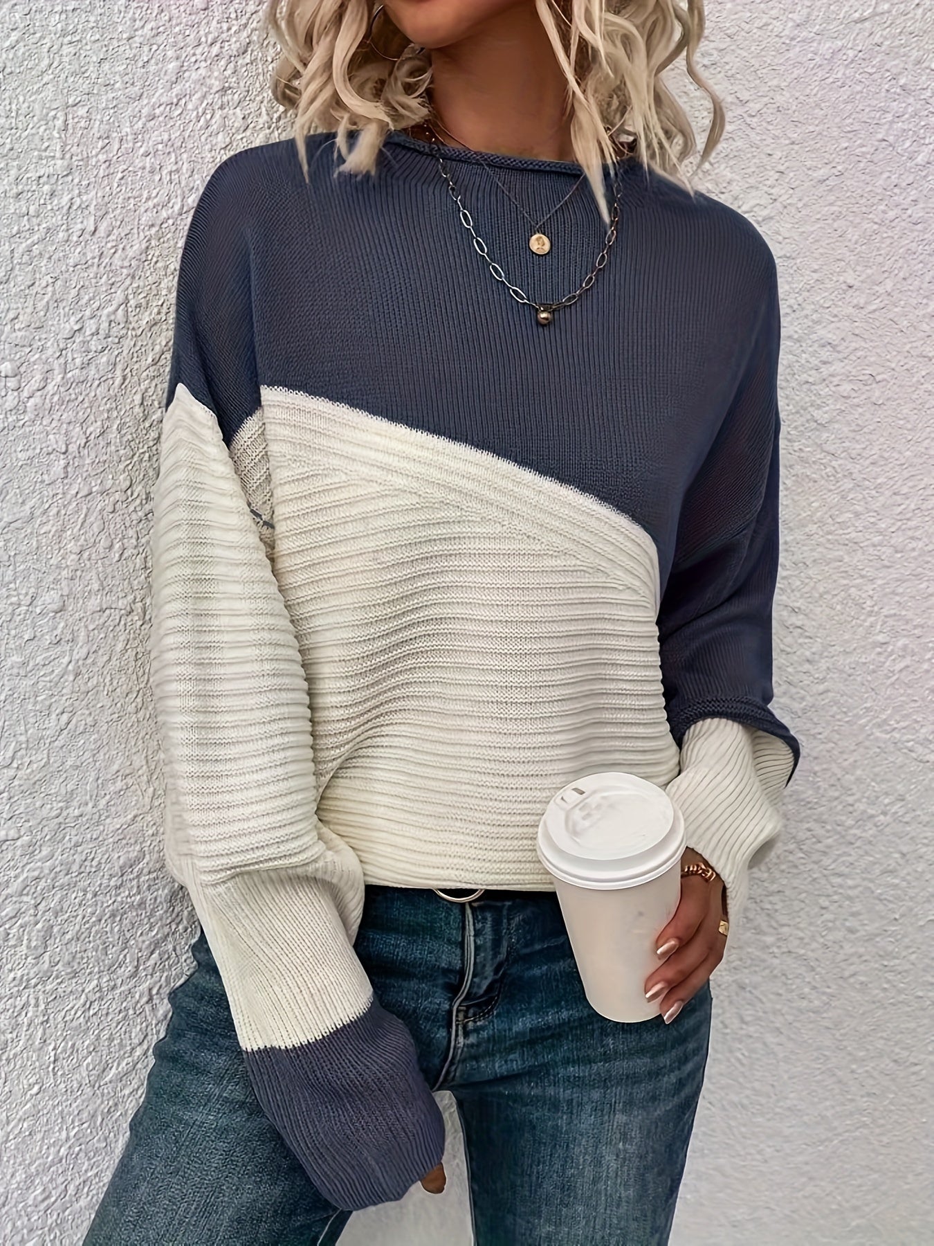 Womens Elegant Color Block Funnel Neck Pullover Sweater - Soft High Elasticity Acrylic Knit Fabric, Long Sleeve Drop Shoulder Design, Easy Care Hand Wash or Dry Clean, Perfect for Fall and Winter - Classic Style for Casual Daily Wear