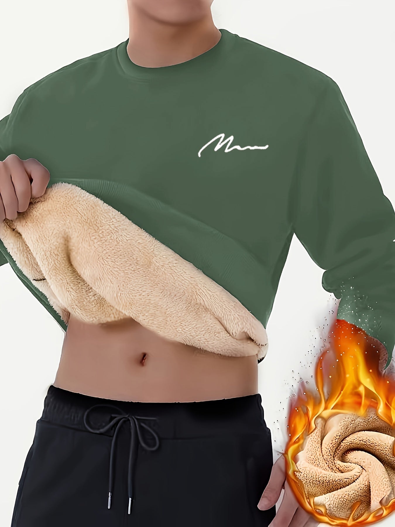 Men's Winter Warm Fleece-Lined Crew Neck Sweatshirt - Casual Black Long Sleeve with MOM" Embroidery