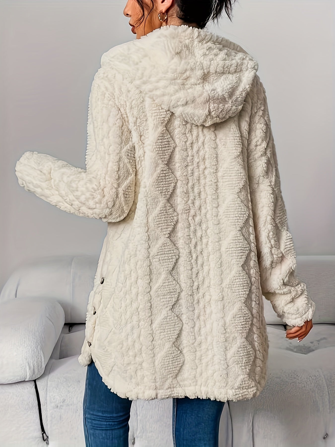 Autumn-Winter Warm Fashion Jacquard Plush Hooded Cardigan Coat