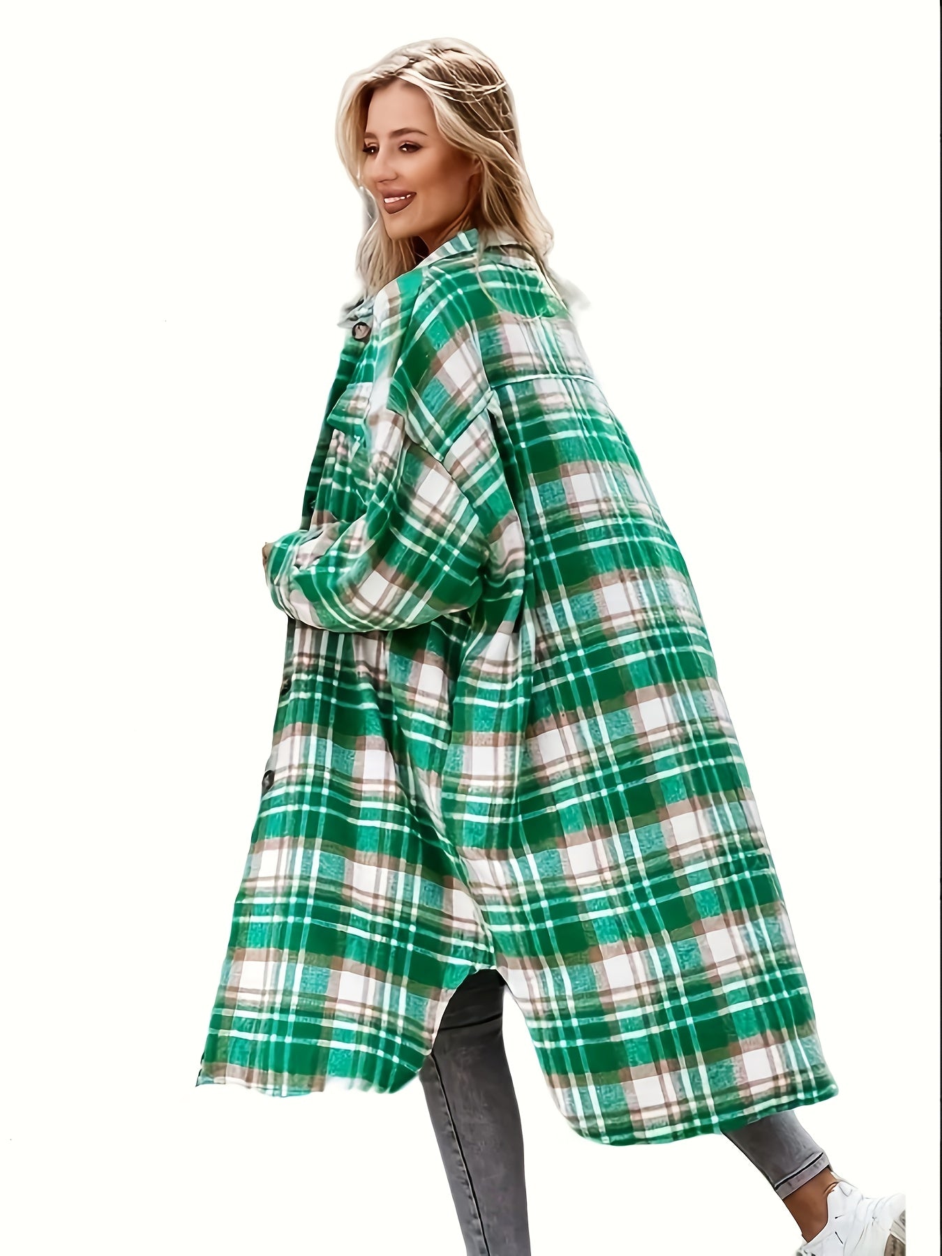 Stylish Plaid Print Womens Long Jacket - Relaxed Casual Button Front with Flap Pockets - Durable Outerwear for Everyday Fashion