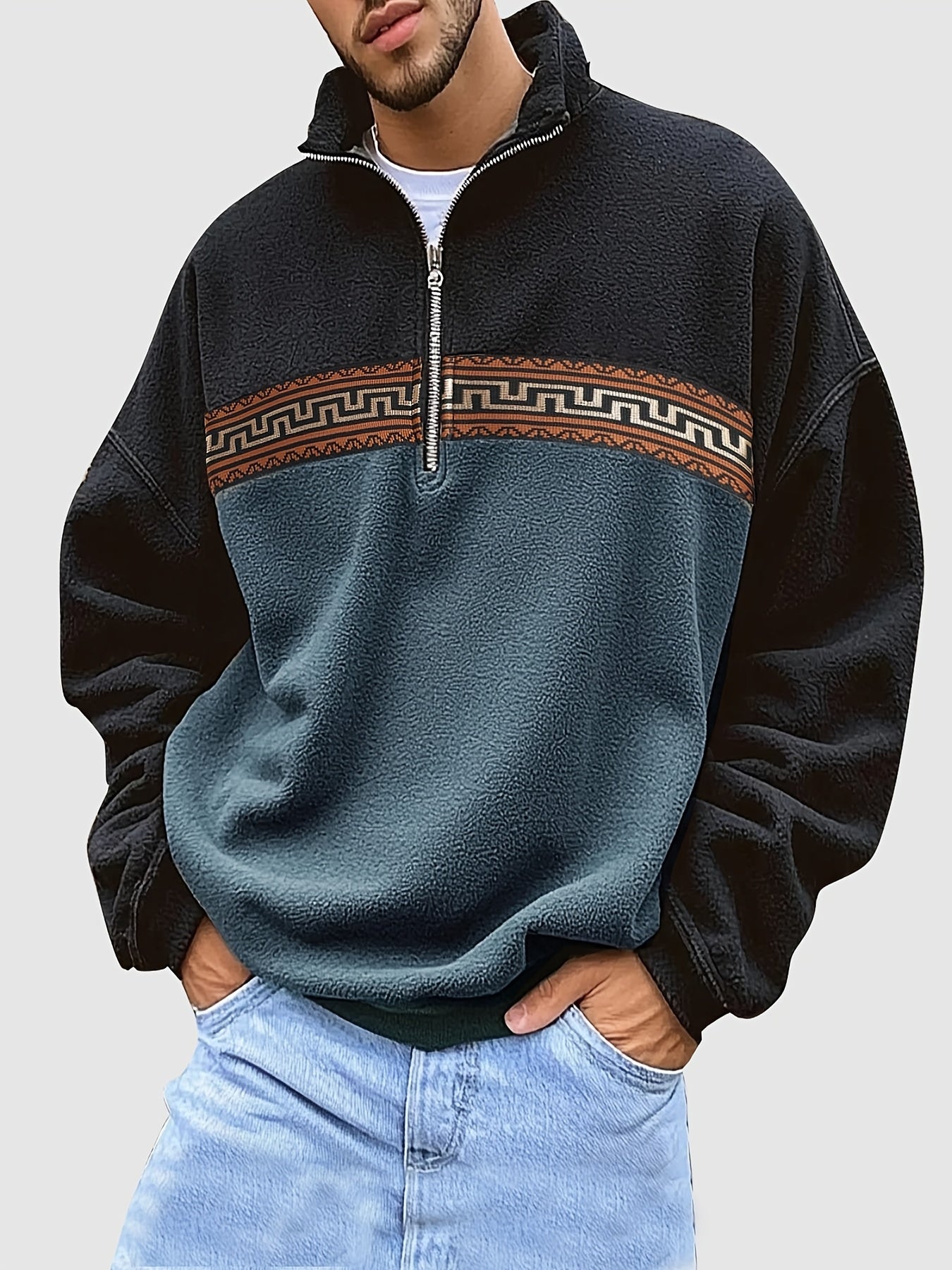 Men'S Cozy Fleece Zip-Up Hoodie with Geometric Pattern - Warm Casual Pullover in Black & Green, Loose Fit, Long Sleeves, Perfect for Fall/Winter, Winter Hoodie