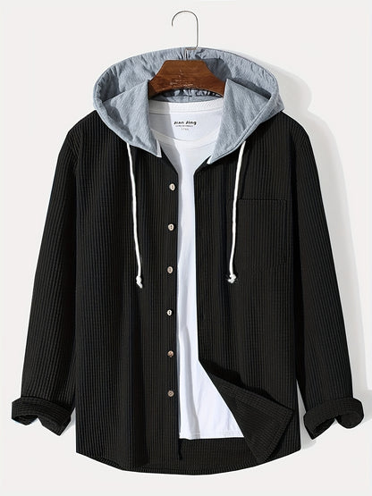 Men'S Casual Long Sleeve Hooded Jacket - Corduroy Solid Color with Pockets, Button-Up Front, Rayon Blend, Fall/Winter Outerwear, Casual Wear Hoodie | Hooded Sweatshirt | Textured Jacke