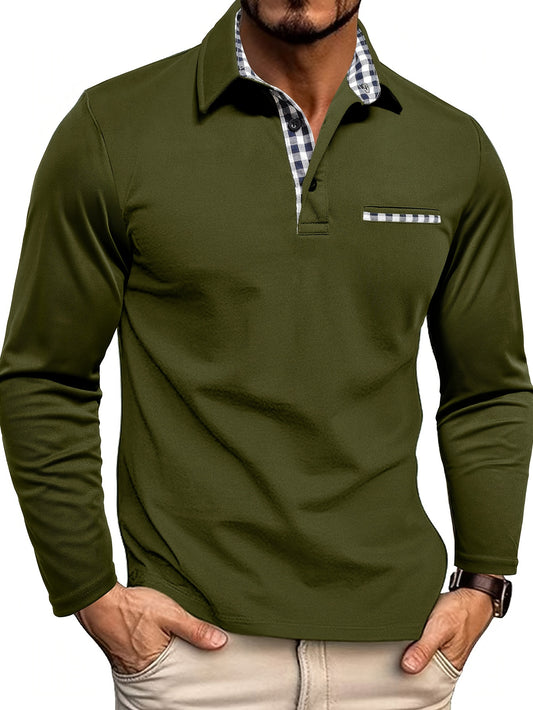 2024 Fall Casual Men'S Long Sleeve Polo Shirt with Color Block Design, Polyester Knit Fabric, Regular Fit, Half Placket, and Slight Stretch