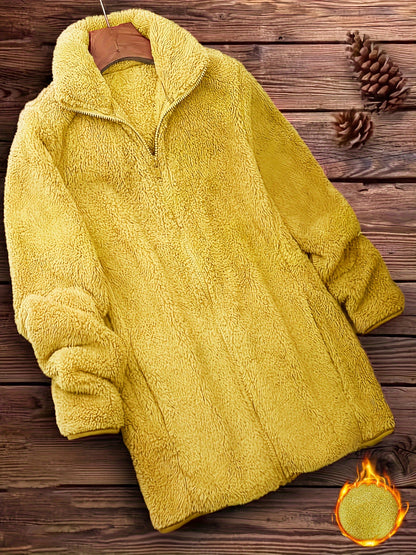 [Long Sleeve Winter Teddy Coat] Zip Up Solid Teddy Coat, Casual Long Sleeve Winter Outerwear, Women's Clothing