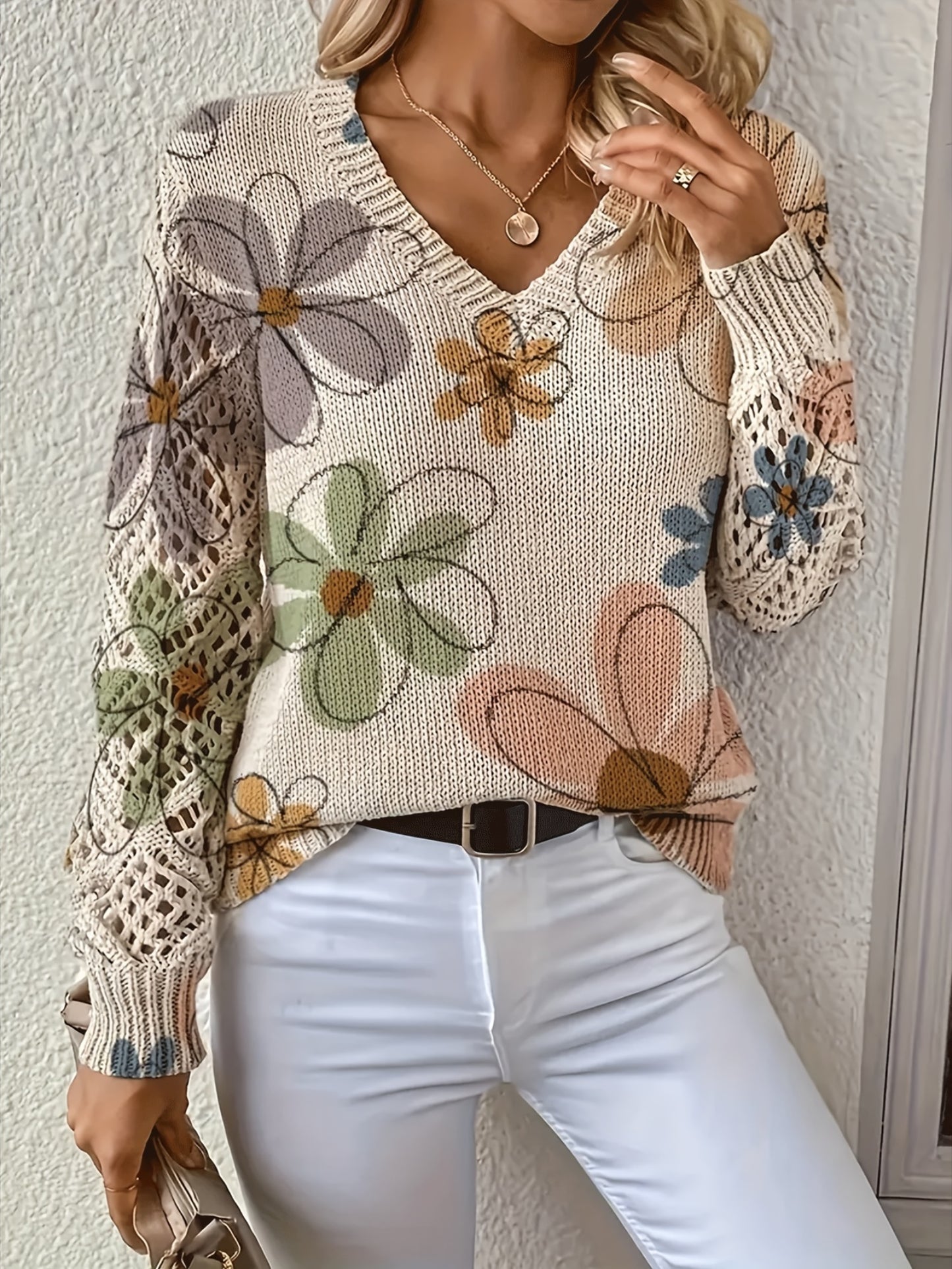 [Bohemian Floral Sweater] Bohemian Floral Print Women's V-Neck Sweater | Long Sleeve Beige & Brown Color Block Top, Casual Office Streetwear, Machine Washable Spring/Fall/Summer Layering Essential, Versatile Fashion, Trendy Vneck, Comfortable Fi