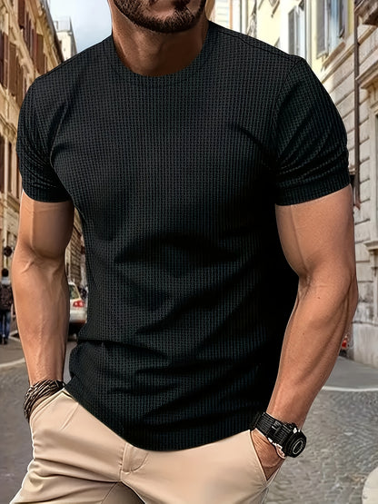 Men's Solid Color Waffle Knit T-Shirt - Breathable Stretch Fabric, Moisture-Wicking Round Neck Short Sleeve Tee for Summer Outdoor Sports & Casual Wear