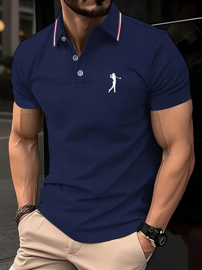 Men's Short Sleeve Shirt - White with Red Golf Print, Striped Collar & Cuffs, Breathable Summer Golf & Casual Wear, Machine Washable Regular Fit, Durable Fabric