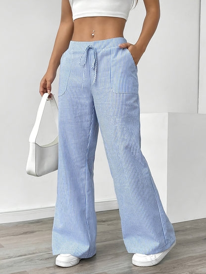Slant Pockets Wide Leg Pants, Casual Striped Print Loose Drawstring Waist Pants For Spring & Summer, Women's Clothing