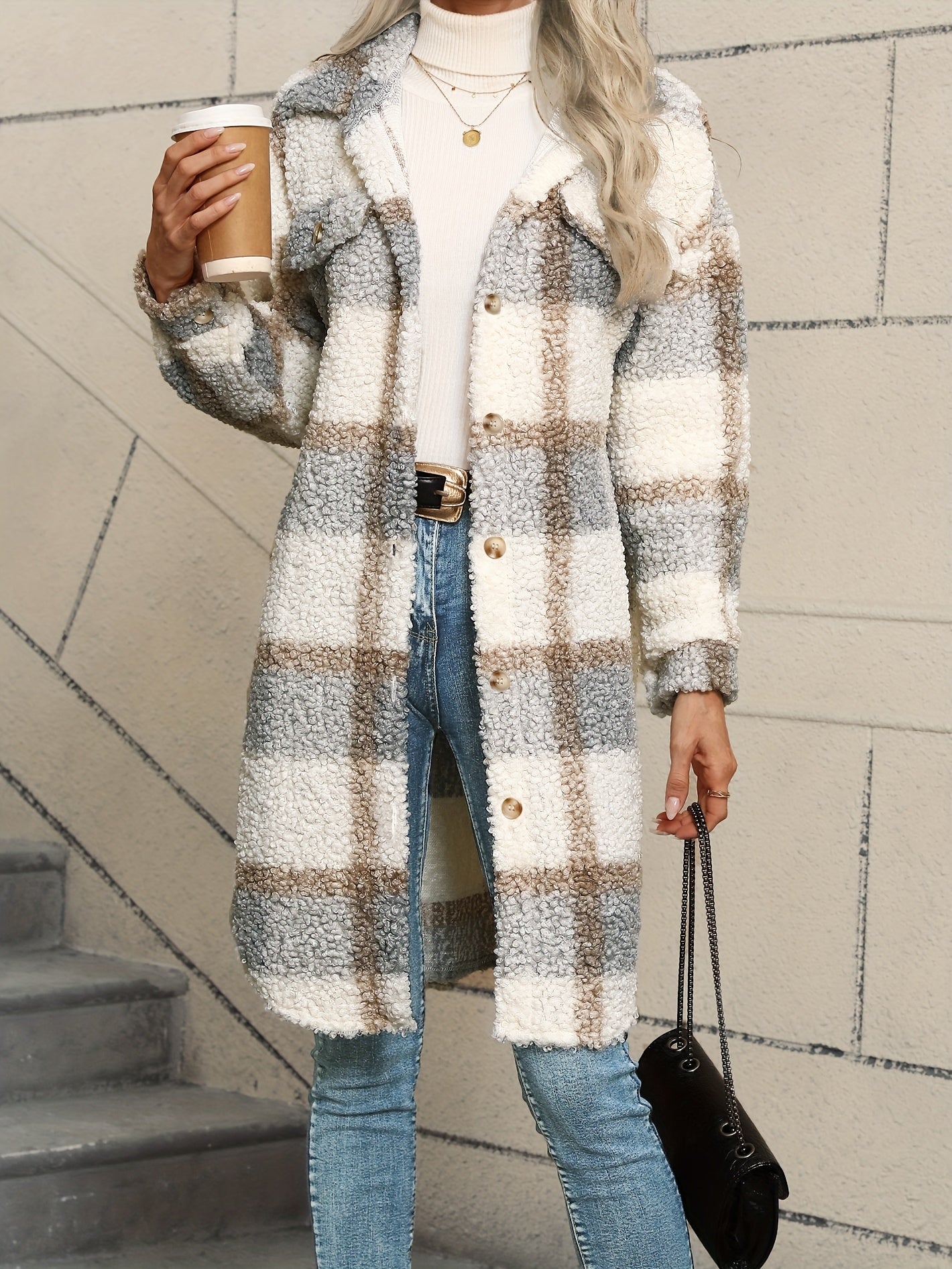 [Plaid Fuzzy Jacket] Fuzzy Plaid Pattern Jacket | Casual Thermal Long Sleeve Long Length Collar Coat For Fall & Winter, Women's Clothing