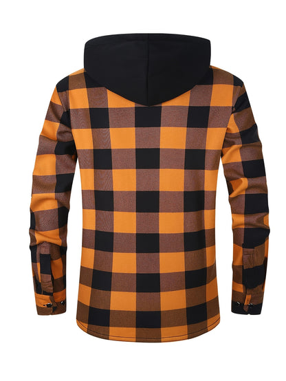 Men's Fleece-Lined Hoodie - Casual & Sporty, Plaid Pullover with Button Detail, Long Sleeve, Loose Fit for Fall/Winter
