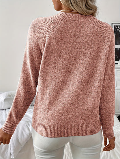 [Elegant Sweater] Women's Elegant Solid Color Long Sleeve Sweater | Round Neck, Machine Washable, Soft Fabric, Button Detailing | Spring Summer Fall Essential, Versatile Casual to Formal Wear