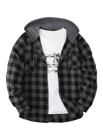 Men's Casual Plaid Hoodie Shirt - Long Sleeve Button-Up with Drawstring Hood, Red & Yellow Gingham Print, Polyester Blend, Comfortable and Stylish for Casual Attire, Essential Hoodie