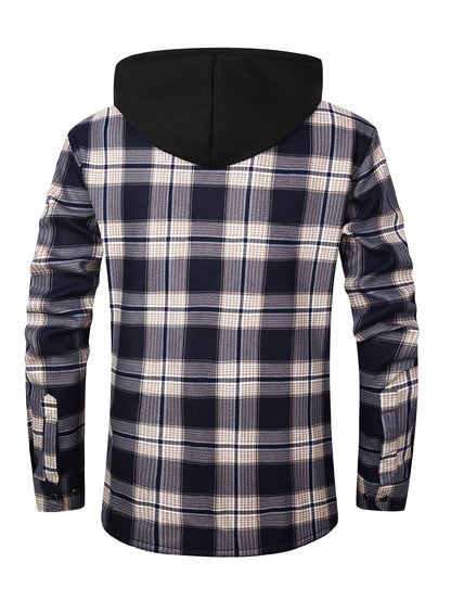 Men's Fleece-Lined Hoodie - Casual & Sporty, Plaid Pullover with Button Detail, Long Sleeve, Loose Fit for Fall/Winter