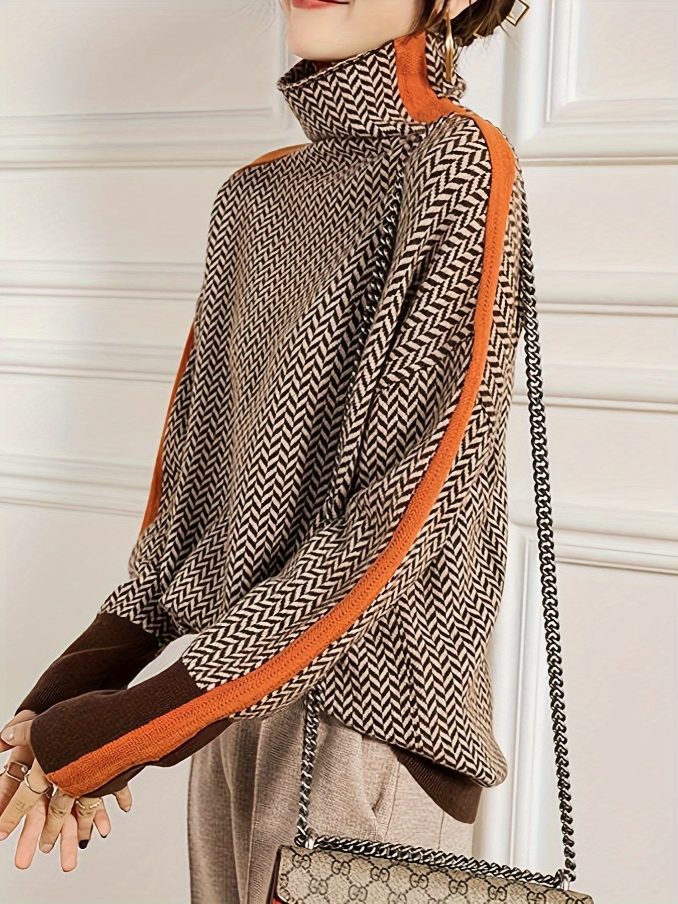 Women's Elegant Sweater - Chic Black, Brown, Beige, Orange Accent Sweater for Fall/Winter, Office, Party, Everyday Outfits - Non-Transparent Sweater Pullover, Cute Sweater, Fall Winter Clothing, Medium Elasticity Fabric