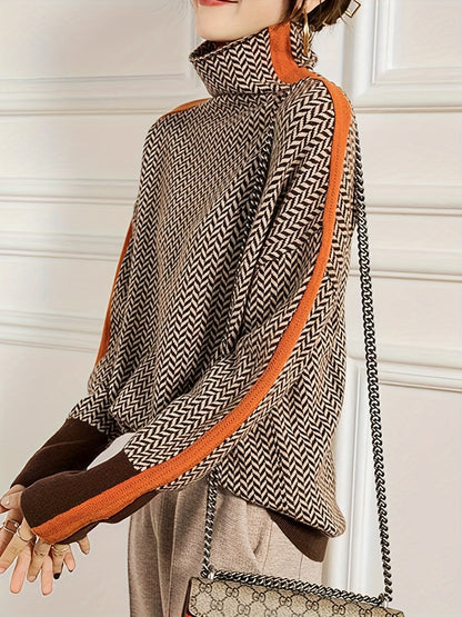 Women's Elegant Sweater - Chic Black, Brown, Beige, Orange Accent Sweater for Fall/Winter, Office, Party, Everyday Outfits - Non-Transparent Sweater Pullover, Cute Sweater, Fall Winter Clothing, Medium Elasticity Fabric