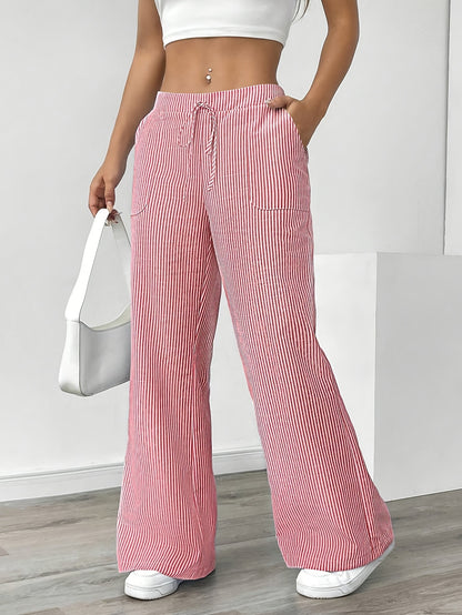 Slant Pockets Wide Leg Pants, Casual Striped Print Loose Drawstring Waist Pants For Spring & Summer, Women's Clothing