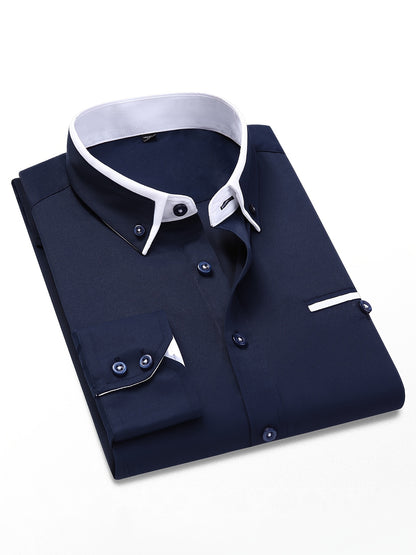 Men's Contrast Collar Design Lapel Collar Design Dress Shirts, Long Sleeve Casual Button Up Shirt For Formal Occasions