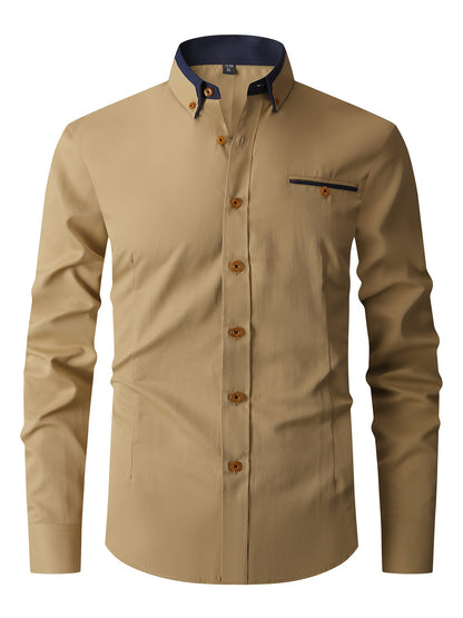 Men's Contrast Collar Design Lapel Collar Design Dress Shirts, Long Sleeve Casual Button Up Shirt For Formal Occasions