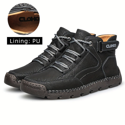 CLOHOO Men's High-Top Casual Ankle Boots, Handcrafted PU Upper & Lining, Rubber Sole with Enhanced Grip, Round Toe Lace-Up Closure, Comfortable Warm Plush Interior, Solid Color Design for Outdoor Activities - All Seasons, CLOHOO