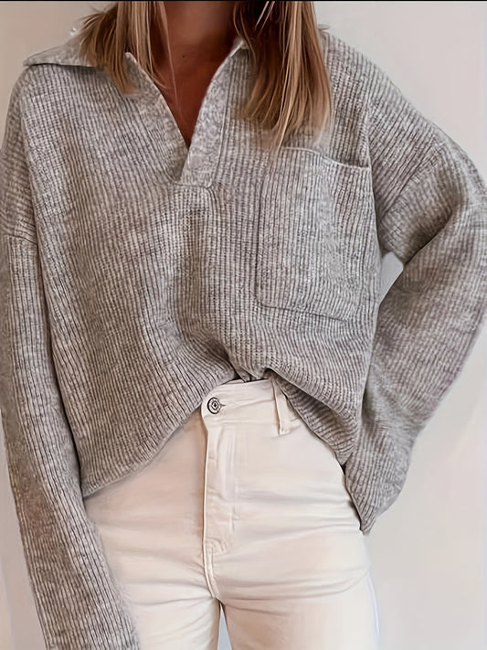 Relaxed Fit, Casual Autumn And Winter Short Loose Lapel Large Pocket Solid Color Pullover Sweater