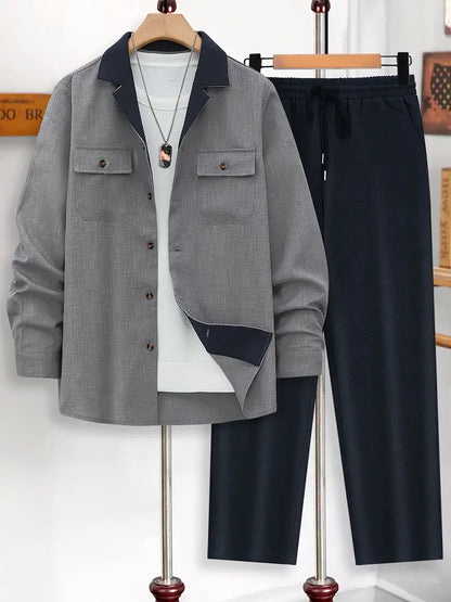 Polyester Button-Up Long Sleeve 2-Piece Pants