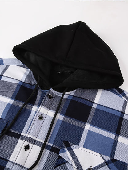 Men's Fleece-Lined Hoodie - Casual & Sporty, Plaid Pullover with Button Detail, Long Sleeve, Loose Fit for Fall/Winter
