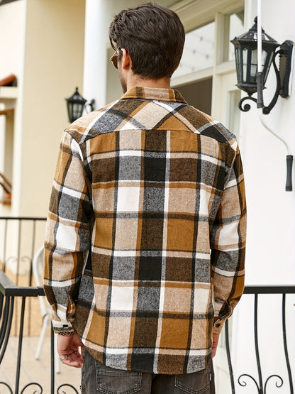 Men's Casual Flannel Shirt Coat - Solid Color Lapel Button-Up with Chest Pocket, Machine Washable Non-Stretch Fabric, Regular Fit Autumn Winter Outerwear, Autumn Apparel, Flannel, Long Sleeve Button Casual Shirt