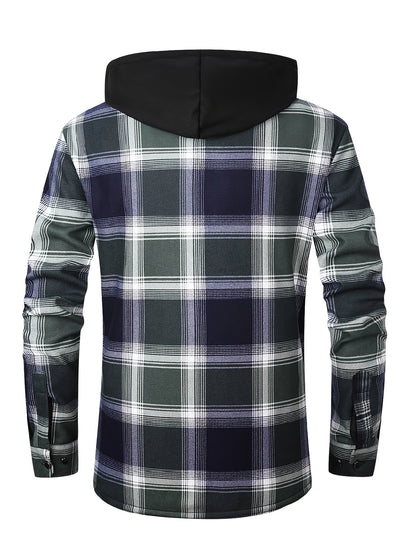 Men's Fleece-Lined Hoodie - Casual & Sporty, Plaid Pullover with Button Detail, Long Sleeve, Loose Fit for Fall/Winter