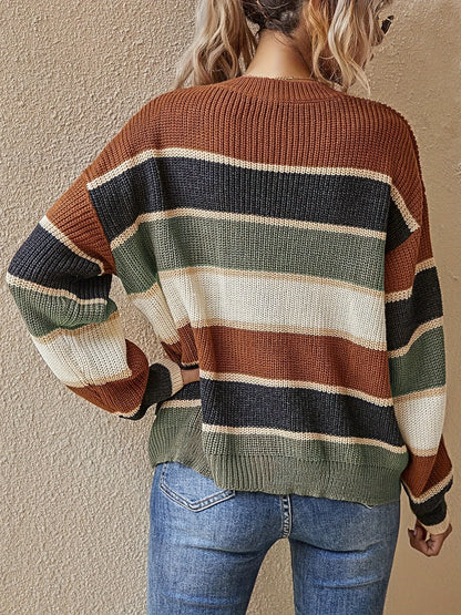 Women'S Color Block Striped Pullover Sweater - Cozy Long Sleeve Crew Neck, Loose Fit, Fall/Winter Casual Top with Green, Brown, and Beige Stripes, Casual Winter Wear | Relaxed Fit Top | Construction, Sweater Dress, Fall Clothe For Women, Fall Sw
