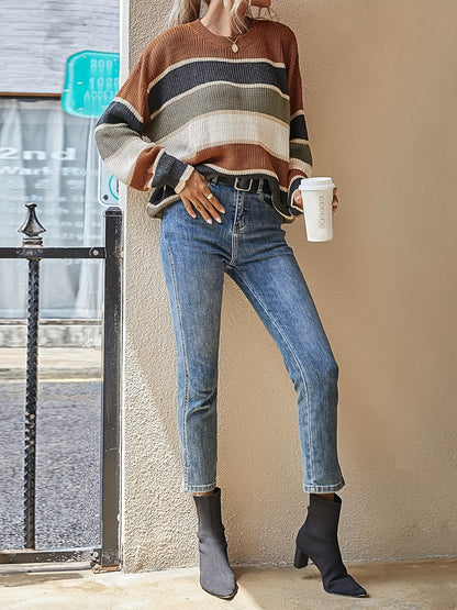 Women'S Color Block Striped Pullover Sweater - Cozy Long Sleeve Crew Neck, Loose Fit, Fall/Winter Casual Top with Green, Brown, and Beige Stripes, Casual Winter Wear | Relaxed Fit Top | Construction, Sweater Dress, Fall Clothe For Women, Fall Sw
