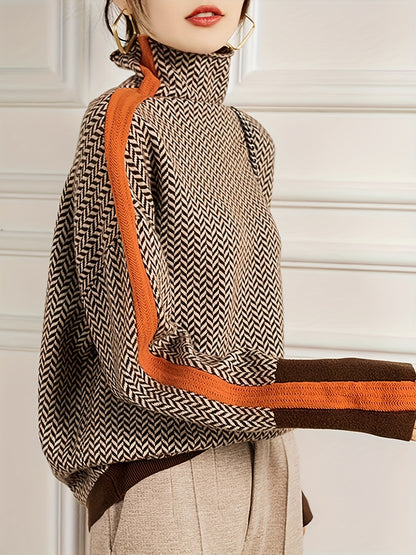 Women's Elegant Sweater - Chic Black, Brown, Beige, Orange Accent Sweater for Fall/Winter, Office, Party, Everyday Outfits - Non-Transparent Sweater Pullover, Cute Sweater, Fall Winter Clothing, Medium Elasticity Fabric