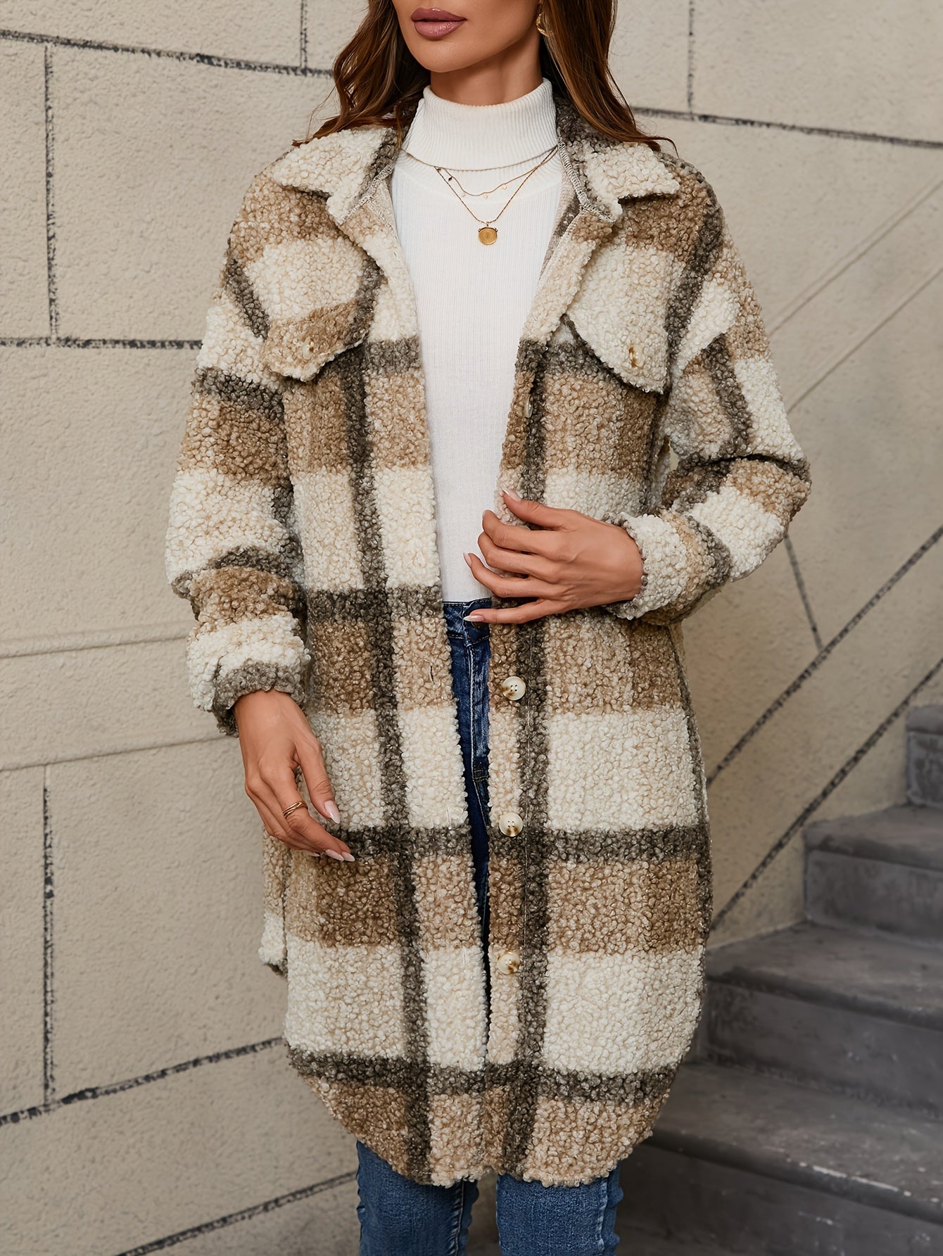 [Plaid Fuzzy Jacket] Fuzzy Plaid Pattern Jacket | Casual Thermal Long Sleeve Long Length Collar Coat For Fall & Winter, Women's Clothing