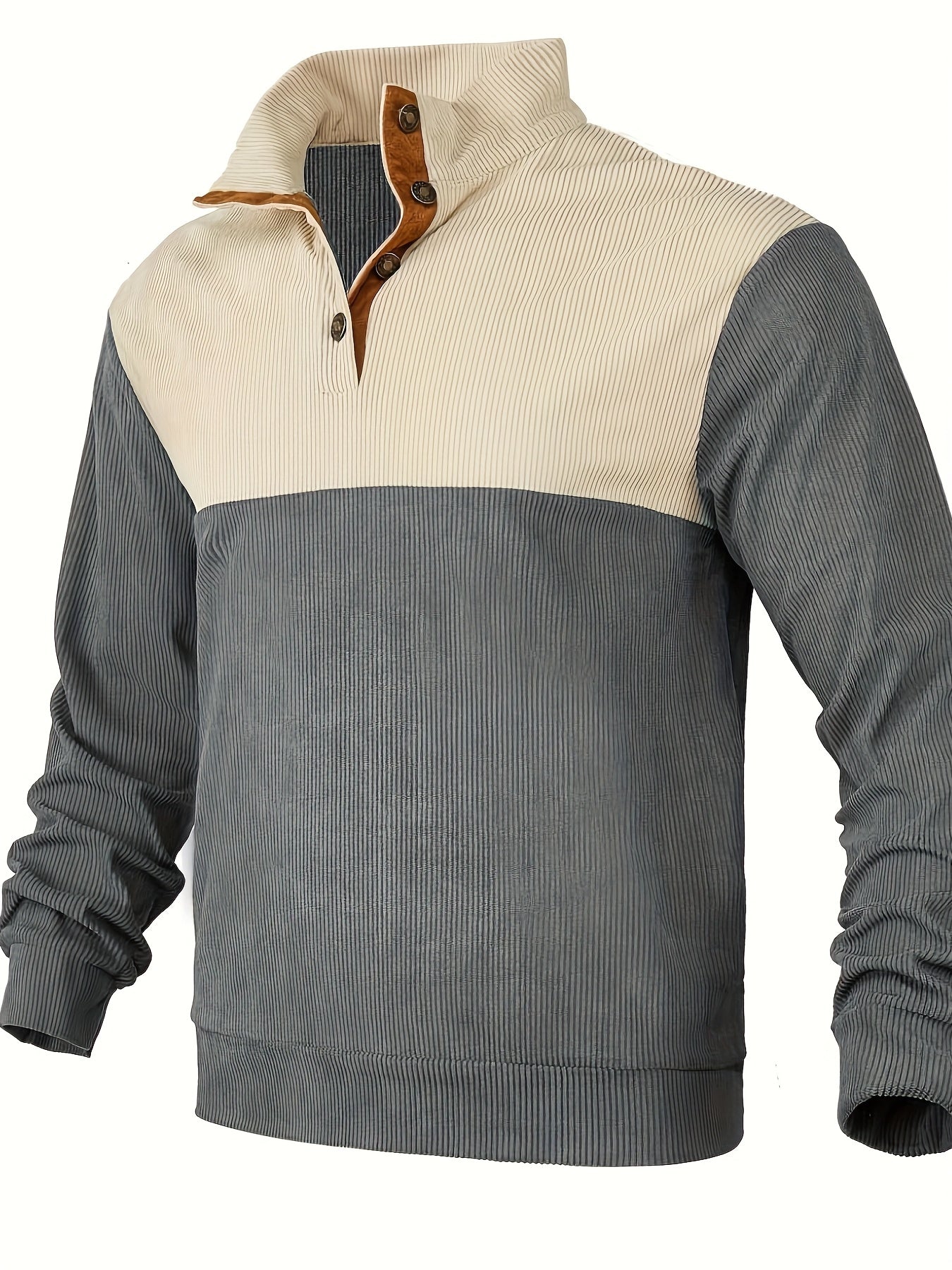 Retro Color Block Knitted Ribbed Sweater, Men's Casual Warm Mid Stretch Stand Collar Pullover Sweater For Men Fall Winter, Old Money Style