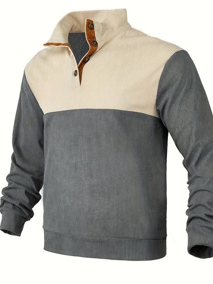 Retro Color Block Knitted Ribbed Sweater, Men's Casual Warm Mid Stretch Stand Collar Pullover Sweater For Men Fall Winter, Old Money Style