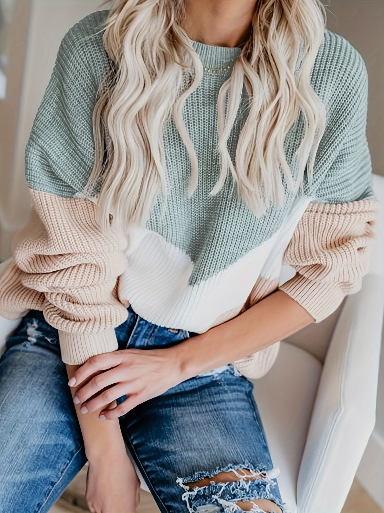 [Soft Pullover Sweater] Soft Polyester Pullover Sweater for Women | Casual Color Block Design with Teal, White, and Black Ribbed Sleeves - Crew Neck, Drop Shoulder, Long Sleeve - Perfect for Fall/Winter