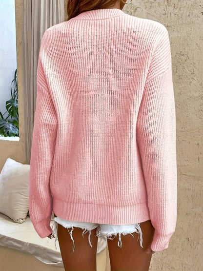 [Cozy Pink Sweater] Soft & Comfortable Women's Cozy Pink Sweater | Long Sleeve Pullover with Button Details, Casual Crew Neck, Fall/Winter Apparel