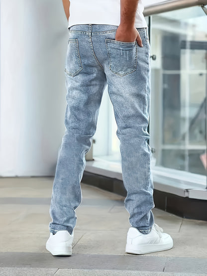 Men'S Slim-Fit Stretch Denim Jeans - Light Blue, Casual Style, All-Season Comfort, Regular Fit, Solid Color, Washed Finish, Perfect for Teens, Teenage Fashion|Casual Style Jeans|Woven Denim