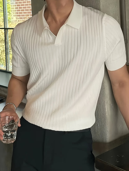 2024 New Men'S Small Hole Short Sleeve Polo Shirt Knitted Sweater - Beige, Medium Stretch, Solid Color, Regular Fit, All-Season Casual Wear, Casual Wear Sweater|Minimalist Style|Knit Construction, Sweater Vest