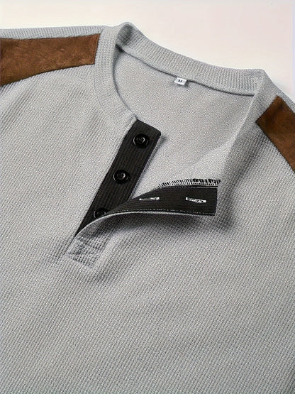 Men'S Waffle Texture Two-Tone Henley Shirt - Casual Summer Short Sleeve, Round Neck, Non-Stretch Fabric