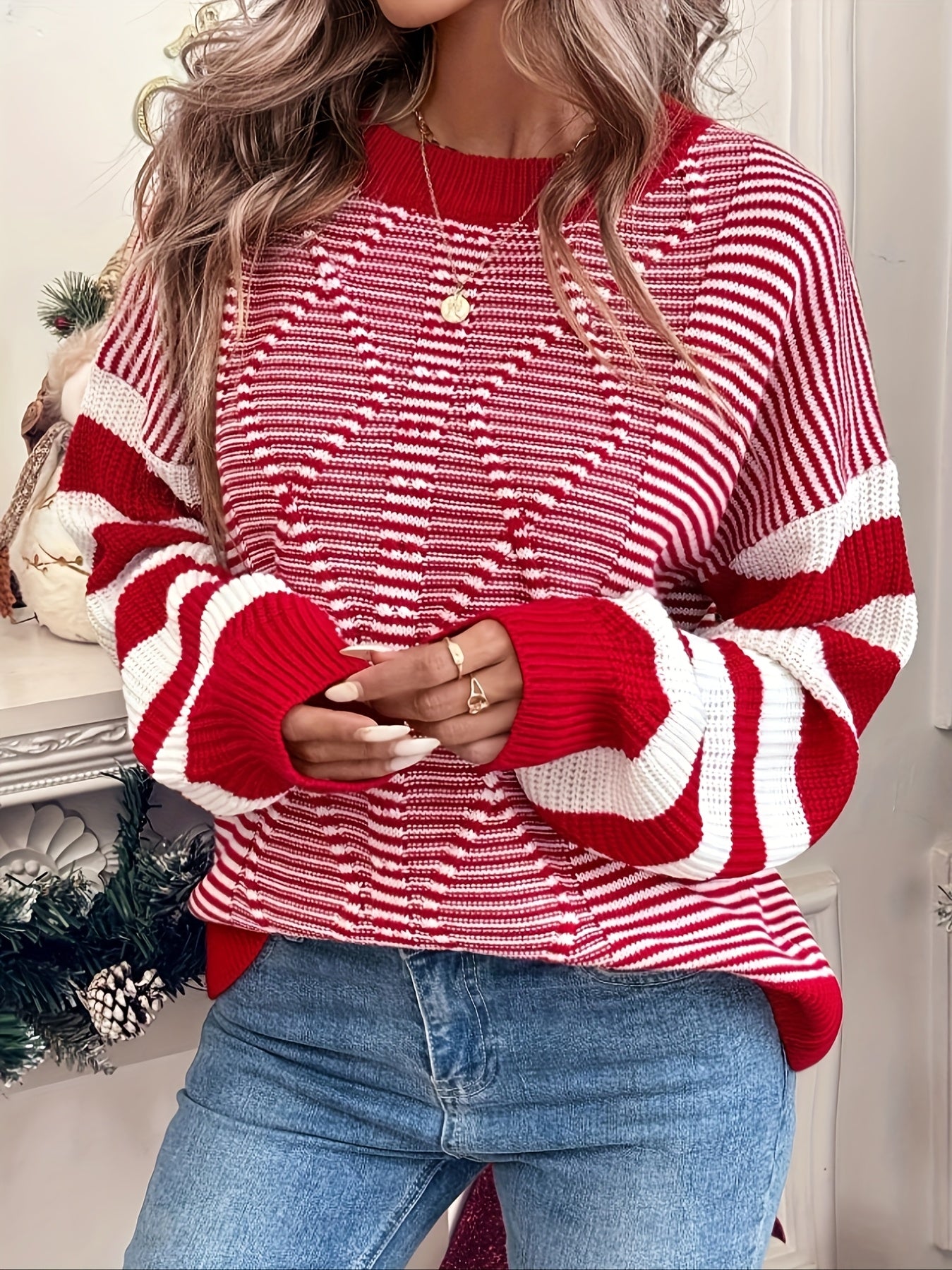 [Elegant Striped Sweater] Elegant & Comfortable Women's Red & White Striped Long Sleeve Pullover Sweater | Round Neck Casual Chic Top, All-Season Versatile Wardrobe Staple for Holiday & Casual Attire, Cute Sweaters, Festive Clothing