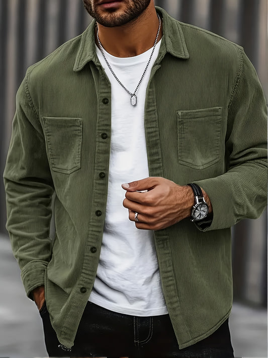 Men'S Corduroy Casual Shirt Jacket with Lapel Collar, Button-Up Long Sleeve Open Front Cardigan with Double Pockets, Solid Color, Regular Fit for All Seasons, Blazer For Men, Coat, Long Sleeve Shirt For Men, Shirt For Men