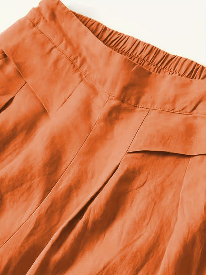 Women's Vintage Wide-Leg Ankle Pants - Non-Stretchy Elastic Waist Trousers, Loose Fit for Everyday & Formal Outfits - Machine Washable Fall/Spring/Summer Bottoms in Terracotta Red - Adult Women's Clothing, Casual Outfit Pants, Comfortable Clothi
