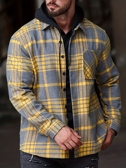 Men's Casual Flannel Shirt Coat - Solid Color Lapel Button-Up with Chest Pocket, Machine Washable Non-Stretch Fabric, Regular Fit Autumn Winter Outerwear, Autumn Apparel, Flannel, Long Sleeve Button Casual Shirt