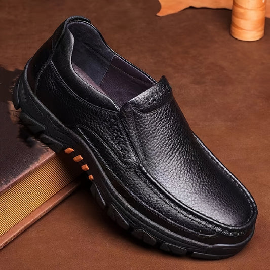 Men's Genuine Leather Slip-On Dress Shoes for Fathers Age 40-50 - Slip-Resistant Rubber Sole, Round Toe Comfort, All-Season Casual & Business Casual Shoes (Brown, Size Up to 50), Versatile Footwear | Side Zipper Design | Durable Footwear